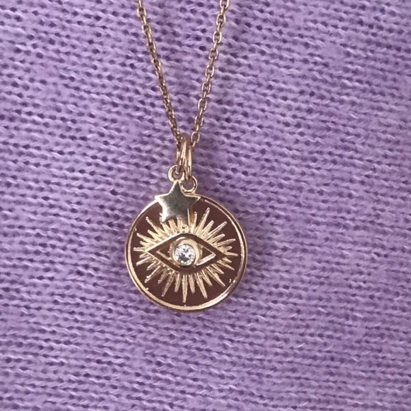 Collier médaille oeil de protection et pendentif étoile sur chaine 45 cm en plaqué or